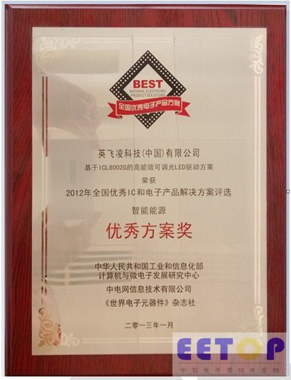 英飛凌基于ICL8002G的高能效可調光LED驅動方案喜獲2012全國優秀IC和電子產品解決方案大獎