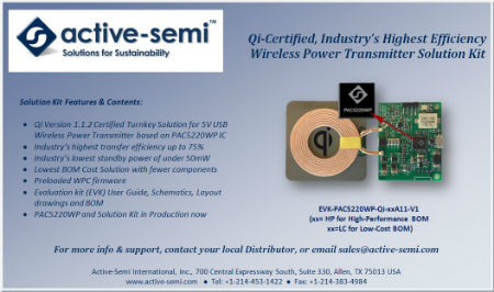 Active-Semi 宣布全面提供低成本Qi Certified 無線充電 IC解決方案